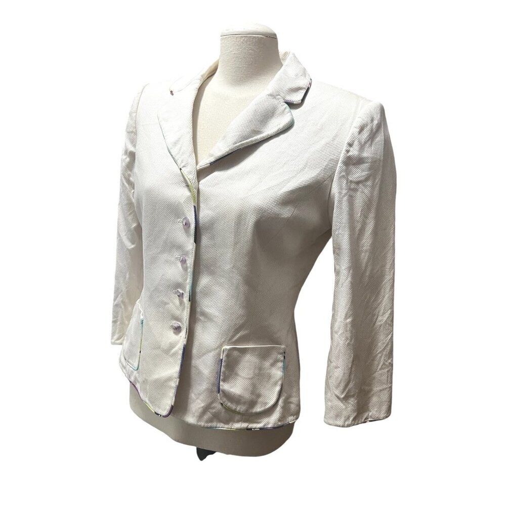 Stresa Collared Purple Button Cotton Blazer Sz 8 (Medium) Womens Cream Floral Ta - Picture 5 of 10